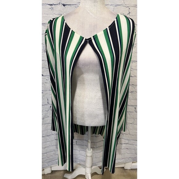 Chico's Sweaters - Chico's Travelers 3 XL 16-18 Green & Blue Striped Open Front Pleated Long Jacket